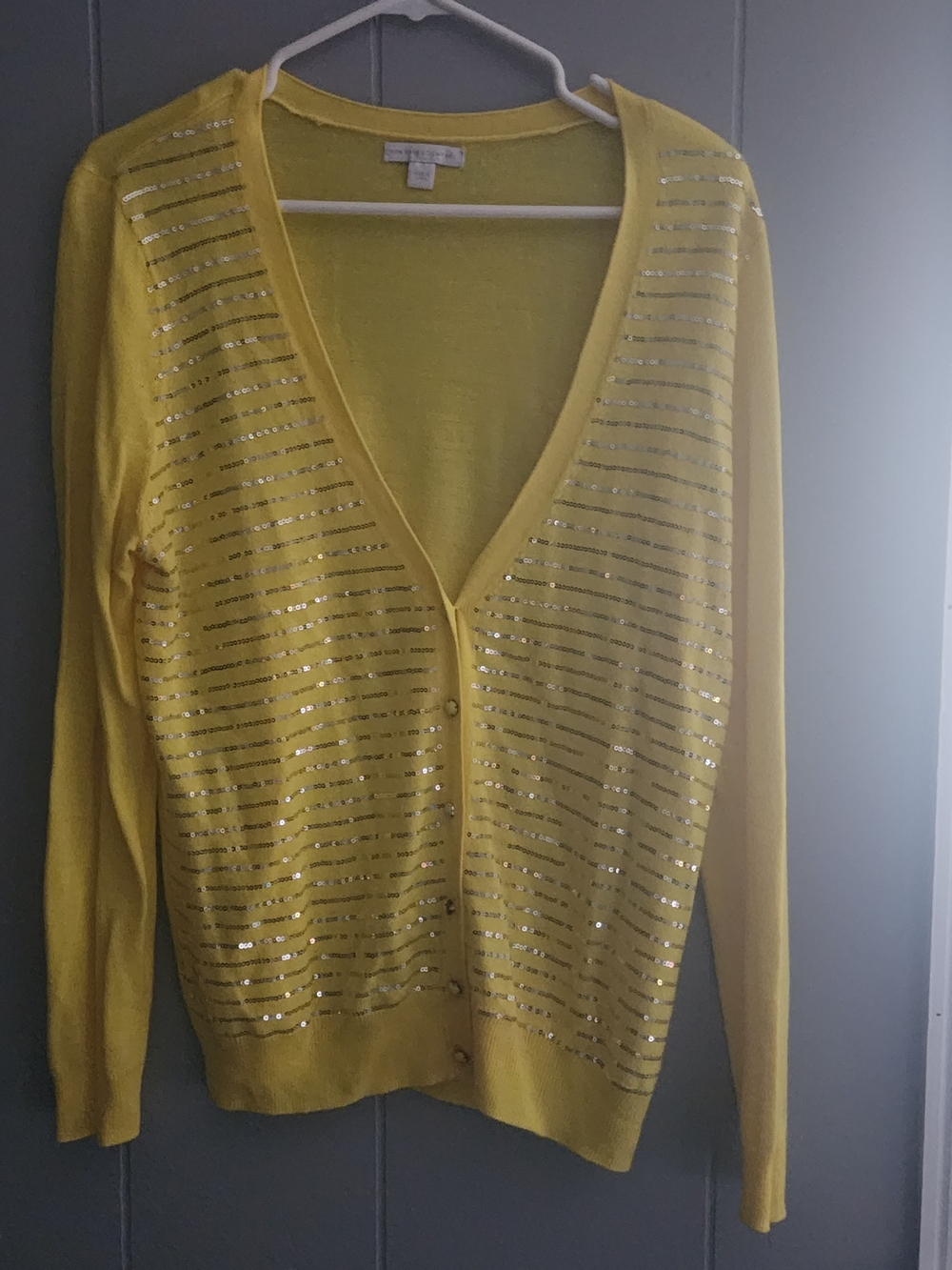 New York & Company Yellow Sequin V-Neck Cardigan